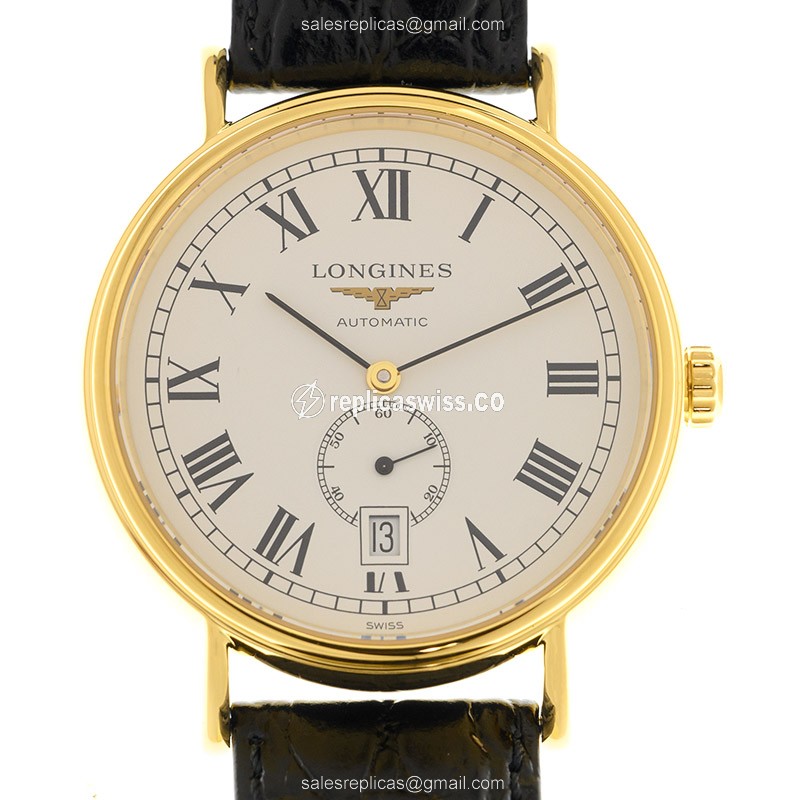 Longines Presence Replica - Gold-Plated/Steel - Automatic - White Dial, Black Leather Strap