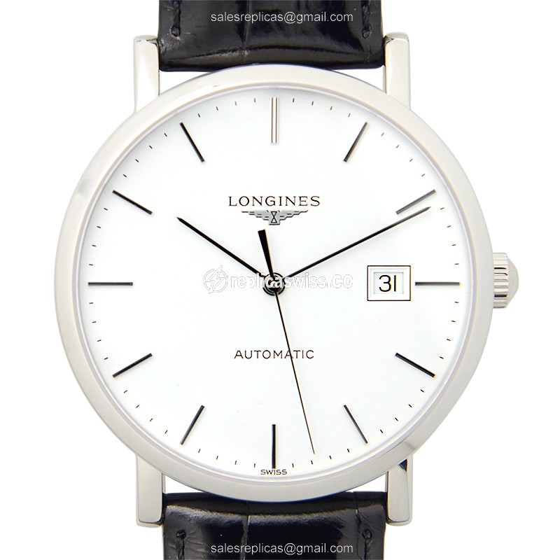 Longines L4.910.4.12.2 Replica - Automatic - Steel Case, White Dial on Black Alligator Strap - Luxury Replica ELEGANT Watch