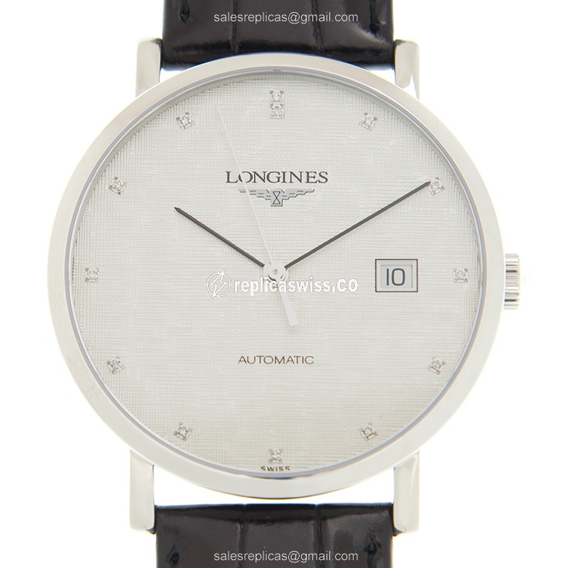 Longines Elegant Replica - Automatic - Stainless Steel - White Dial - Leather Strap - Black Buckle - Luxury Longines Replica Watch