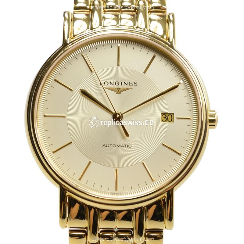 Longines Presence Replica - Automatic PVD Gold - Gold Dial - Gold Strap - Sapphire Crystal - Luxury Replica PRESENCE Watch