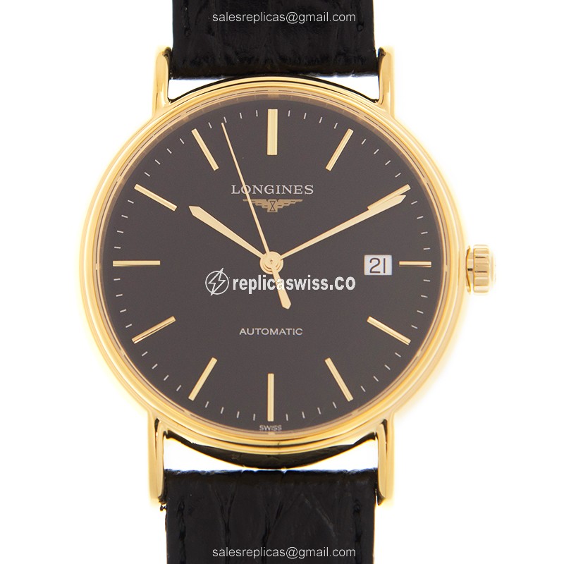Longines Presence Replica - Automatic - PVD Gold - Black Dial - Alligator Black Strap