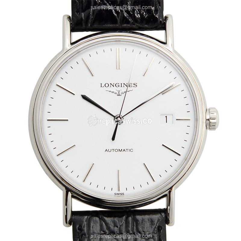 Longines Presence Replica - Automatic - Stainless Steel - White Dial - Leather Strap - Black Buckle