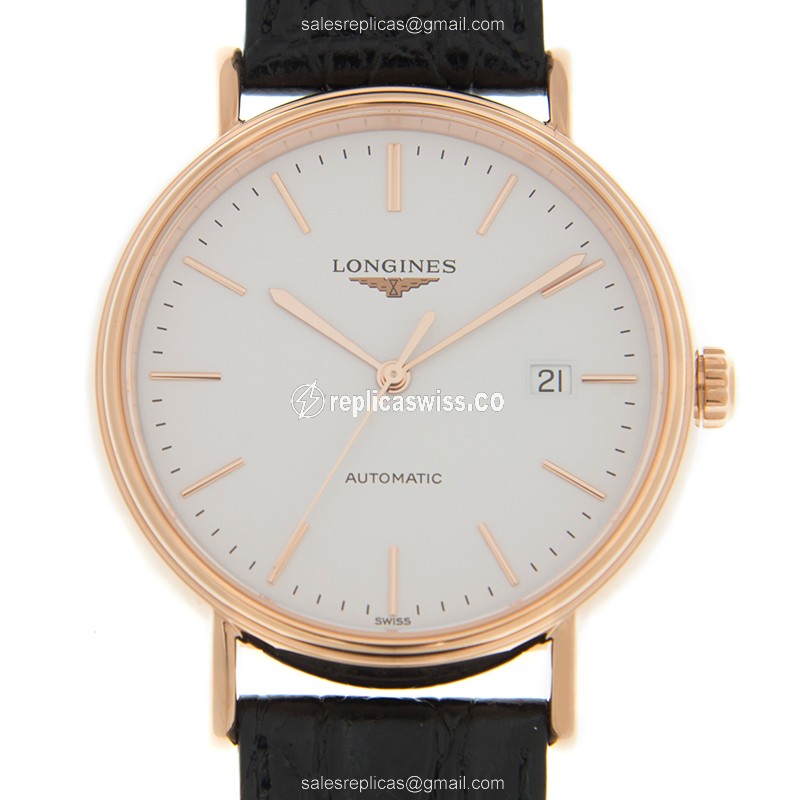 Longines Presence Replica - Automatic - 18kt Rose Gold - White Dial, Leather Strap