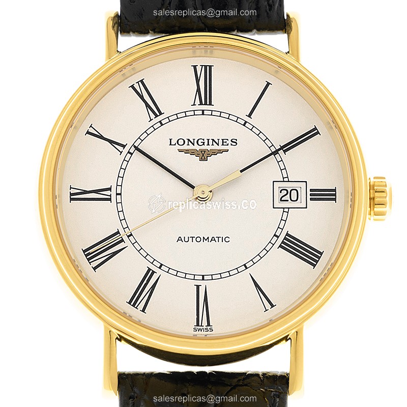 Longines Presence Replica - Automatic - Gold-Plated Case - White Dial, Leather Strap