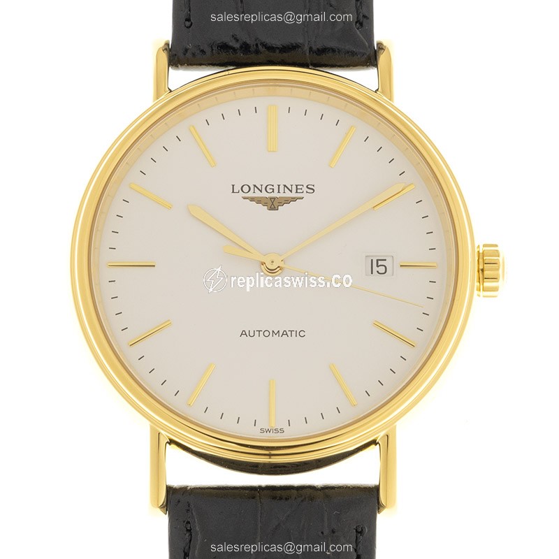 Longines Presence Replica - Automatic - Gold-Plated & Stainless - White Dial - Leather Black Strap
