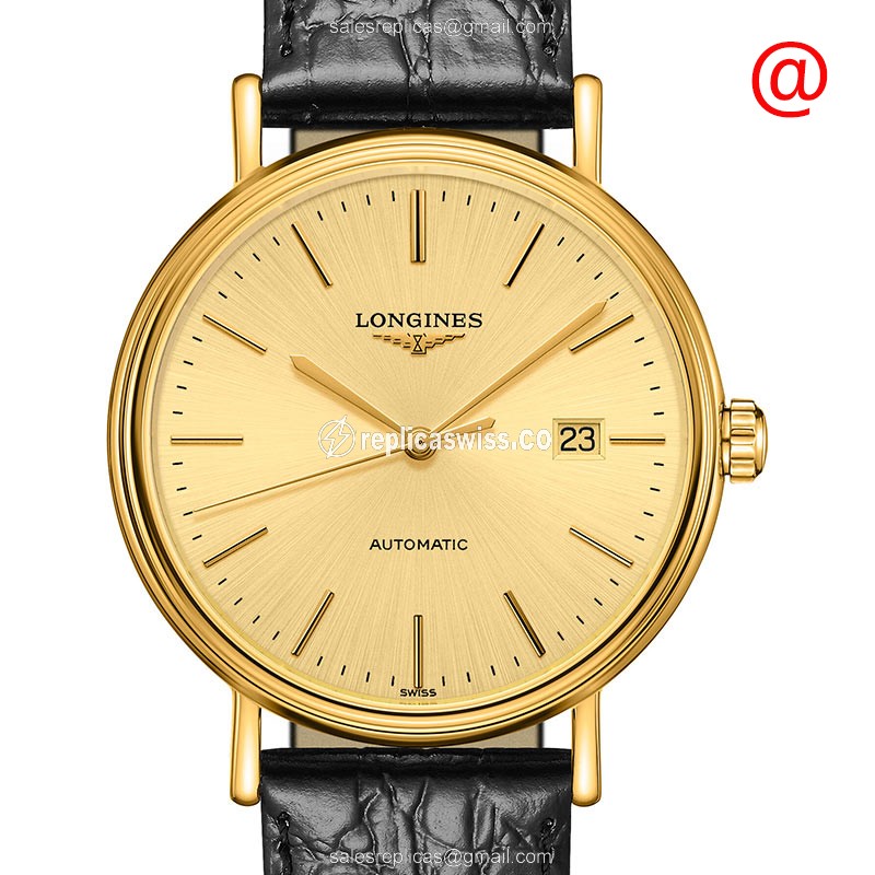 Longines Presence Replica - Gold PVD - Automatic - Gold Dial on Black Leather Strap