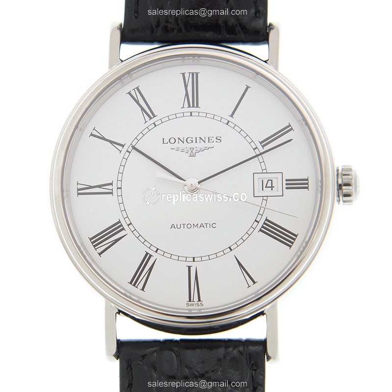 Longines PRESENCE Replica - Automatic - Stainless Steel Case - White Dial, Black Leather Strap - Luxury Replica PRESENCE Watch