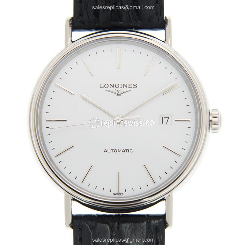Longines Presence Replica - Automatic - Steel Case - White Dial on Black Leather Strap - Luxury Replica PRESENCE Watch