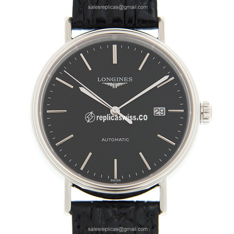 Longines Presence Replica - Automatic | Steel Case | Black Dial, Leather Strap - Luxury Replica PRESENCE Watch