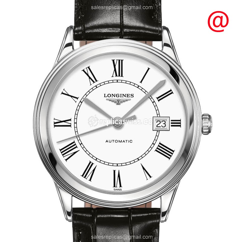 Longines L4.974.4.21.2 Replica - Automatic - Stainless Steel Case - White Dial on Black Alligator Strap - Luxury Replica FLAGSHIP Watch