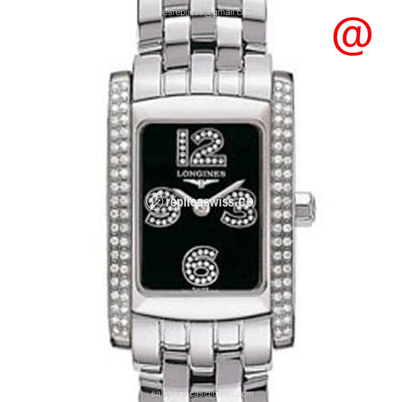 Longines Dolce Vita Replica - Quartz - Diamond-Trimmed - Black Dial - Silver Steel Strap - Luxury Replica DOLCE VITA Watch