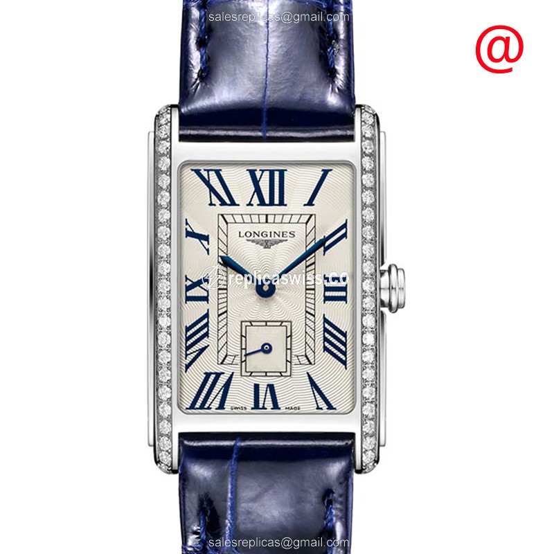 Longines Dolce Vita Replica - Quartz - Stainless Steel & Diamond Case - Silver Dial, Blue Alligator Strap