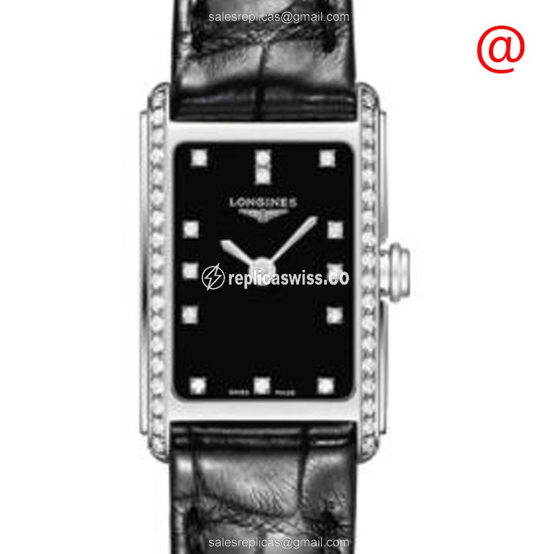 Rolex Dolce Vita Replica - Quartz, Diamond Bezels, Black - Alligator Strap