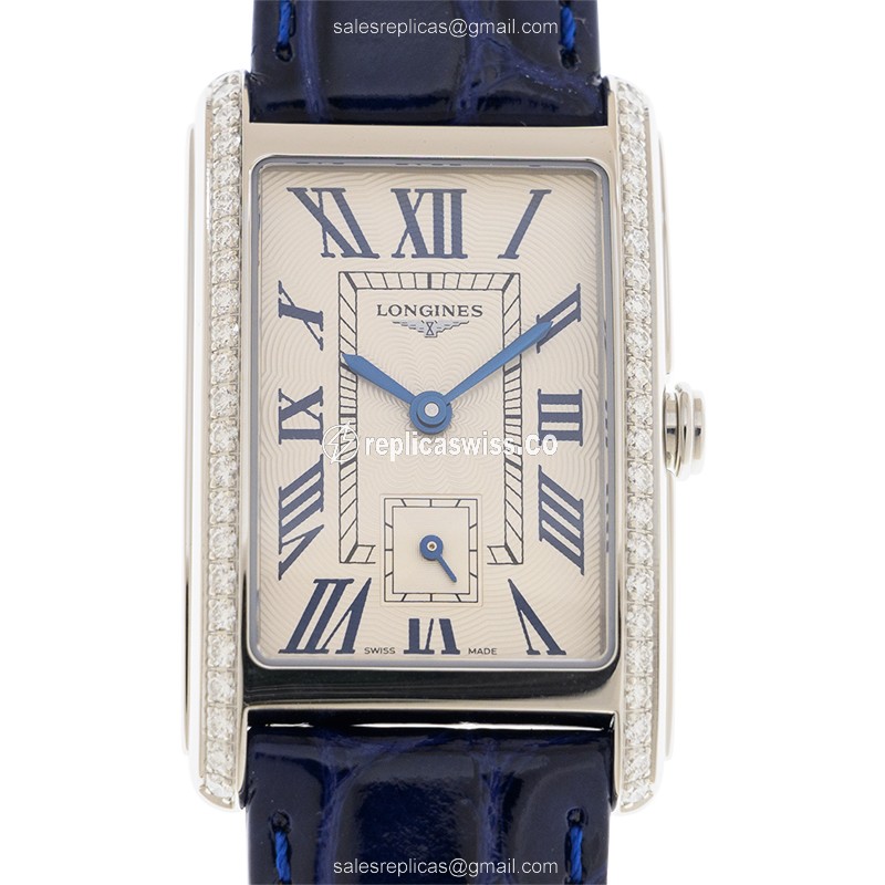Longines Dolce Vita Replica - Quartz - Stainless Steel Case, Diamond Bezel - Silver Dial on Blue Alligator Strap