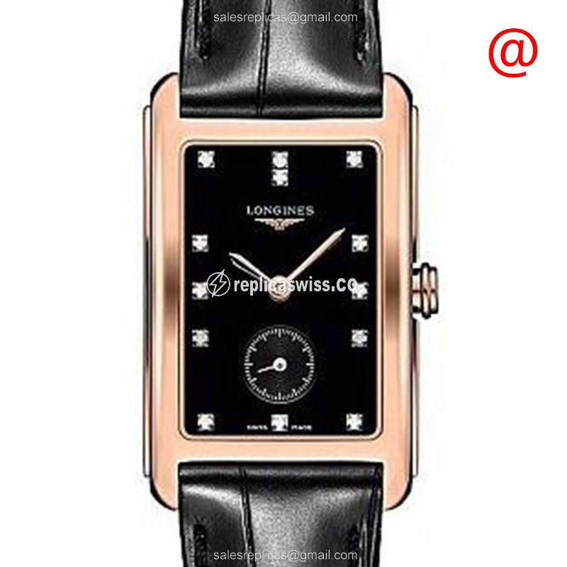Longines Dolce Vita Replica - Quartz - 18kt Rose Gold - Black Dial - Leather Strap - Buckle Clasp - Luxury Replica DOLCE VITA Watch