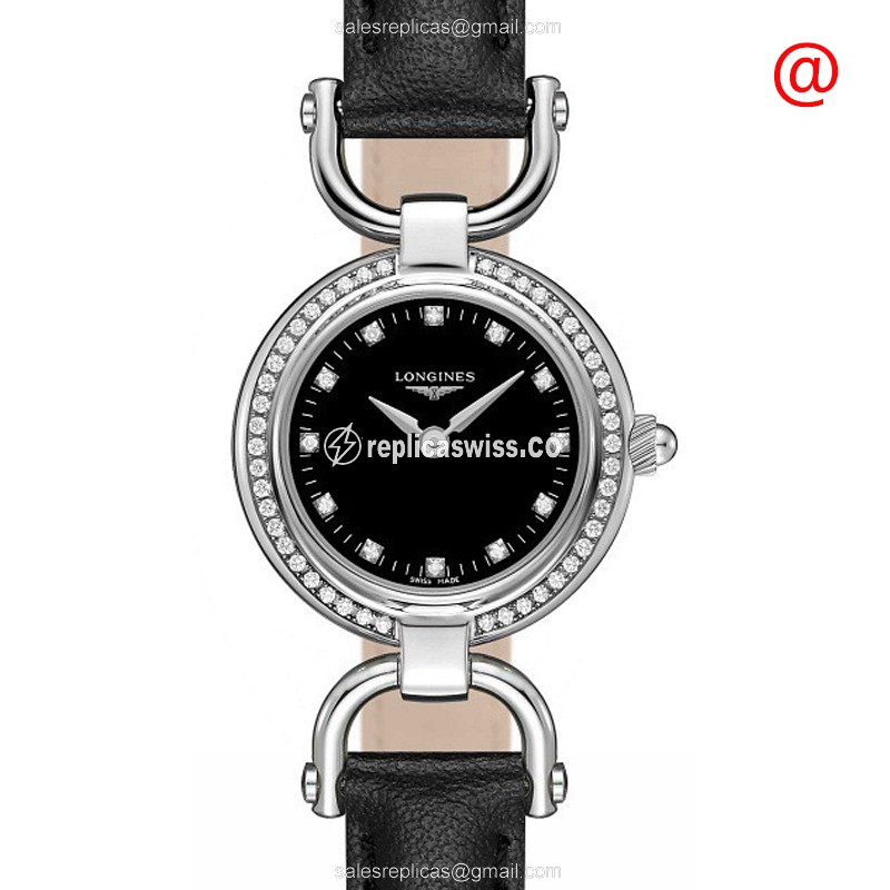 Longines EQUESTRIAN Replica - Quartz - Stainless Steel & Diamond Case - Black Dial, Leather Strap