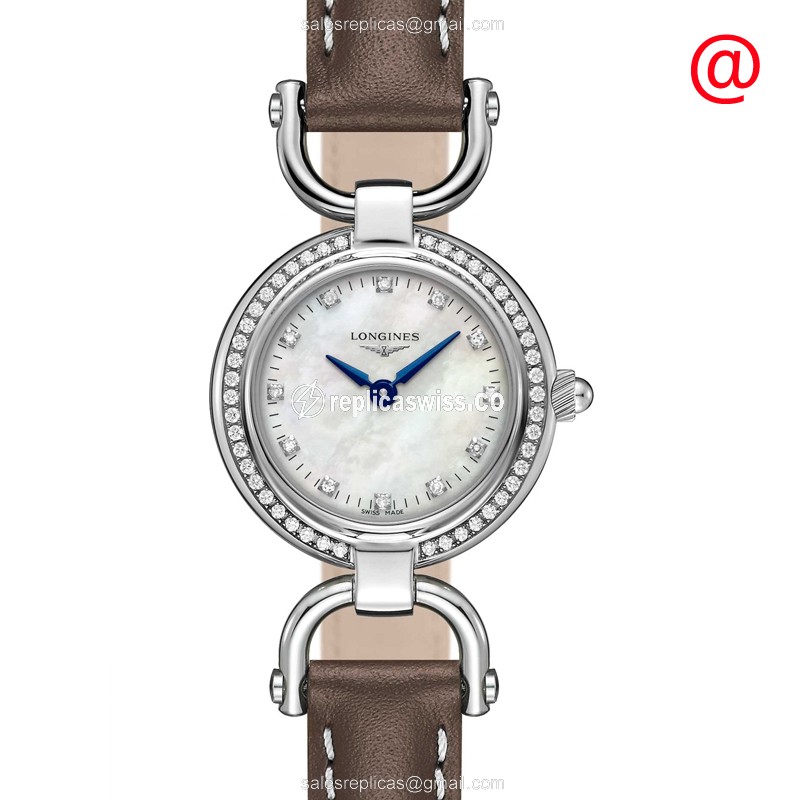 Longines EQUESTRIAN Replica - Quartz - Stainless Steel & Diamond Case - White Dial, Brown Leather Strap