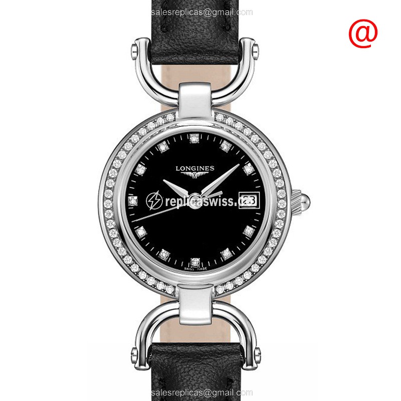 Longines EQUESTRIAN Replica - Quartz - Stainless Steel Case - Black Dial, Diamond Accents