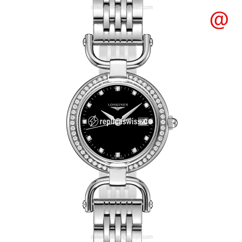 Longines EQUESTRIAN Replica - Quartz - Stainless Steel & Diamond Case - Black Dial - Silver Clasp & Steel Strap - Luxury  Watch