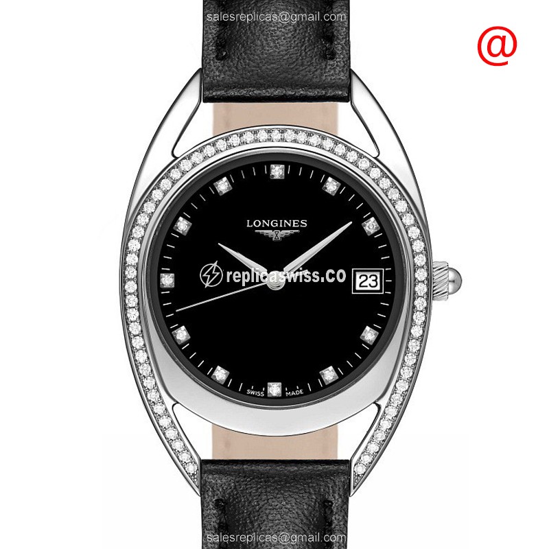 Longines EQUESTRIAN Quartz - Diamond Case, Black Dial - Leather Strap, Buckle Clasp - Luxury Replica EQUESTRIAN Watch