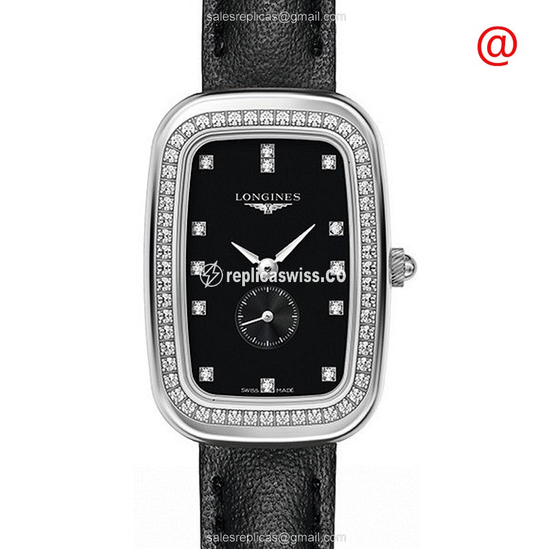 Longines EQUESTRIAN Replica - Quartz - Stainless Steel Case, Diamond Dial - Black Leather Strap - Luxury Replica EQUESTRIAN Watch