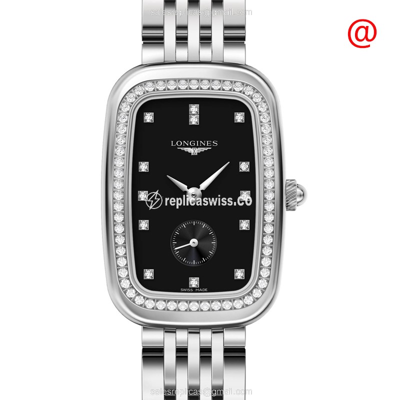 Longines Equestrian Quartz - Stainless Steel Case - Black Dial - Diamonds - Silver Steel Strap - Luxury Replica EQUESTRIAN Watch