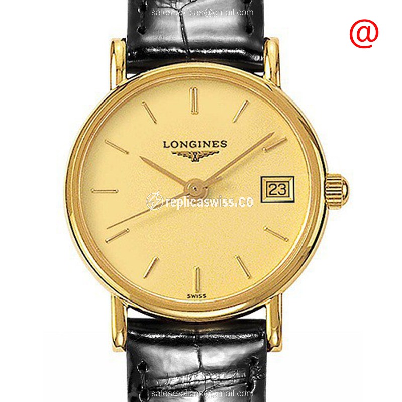 Longines Presence Replica - Quartz - 18kt Gold - Gold Dial - Leather Black Strap - Buckle Clasp - Luxury Replica PRESENCE Watch