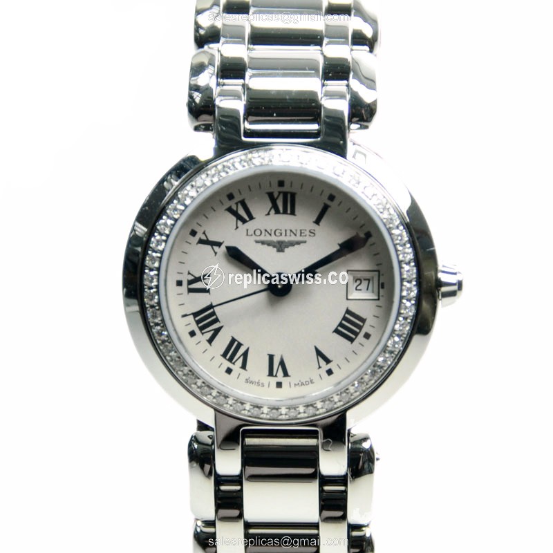 Longines Prima Luna Replica - Quartz - Stainless Steel Case, Silver Dial & Diamonds