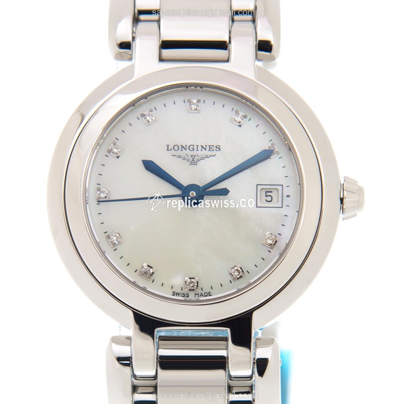 Longines PRIMA LUNA Quartz - Stainless Steel Case, White Dial on Silver Strap - Premium Replica PRIMA LUNA Replica Watch - Front View