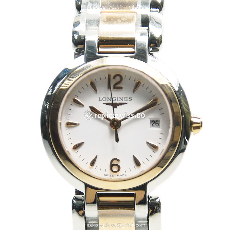 Longines Prima Luna Replica - Quartz - 18kt Rose & Steel - White Dial, Silver Clasp - Luxury Replica PRIMA LUNA Watch