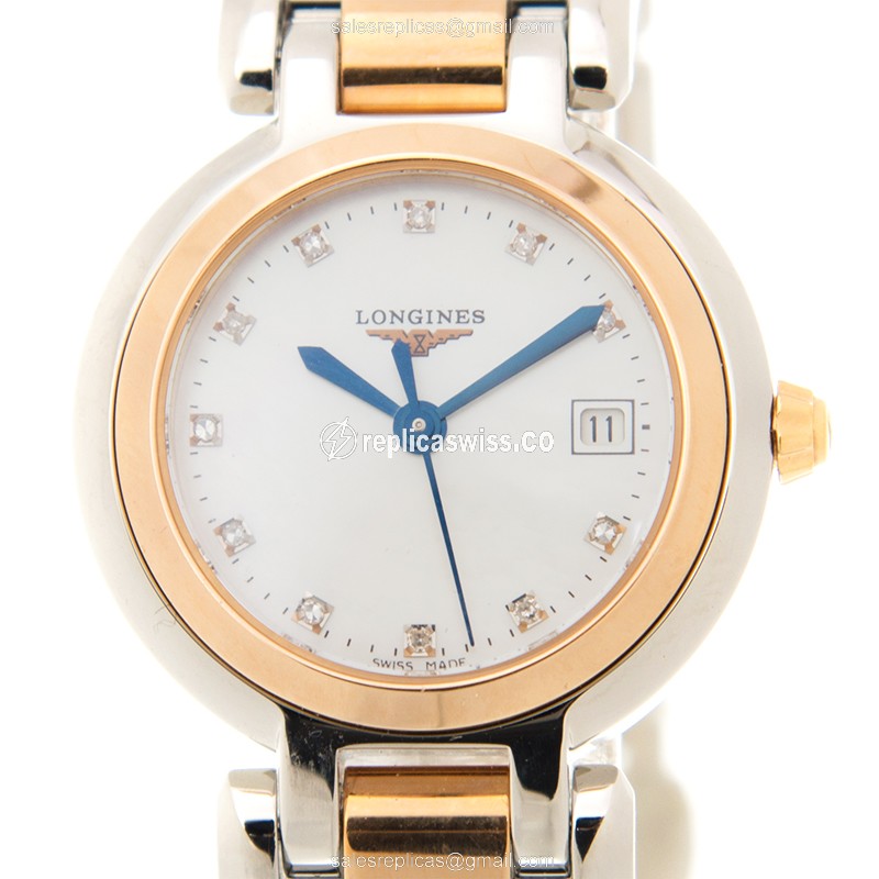 Longines Prima Luna Replica - Quartz - 18kt Rose Gold & Steel - White Dial - Silver Clasp - Luxury Longines Replica Watch