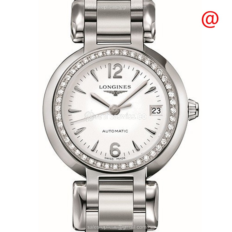 Longines Prima Luna Replica - Automatic - White Dial, Diamond Case - Silver Steel Strap - Luxury Replica PRIMA LUNA Watch