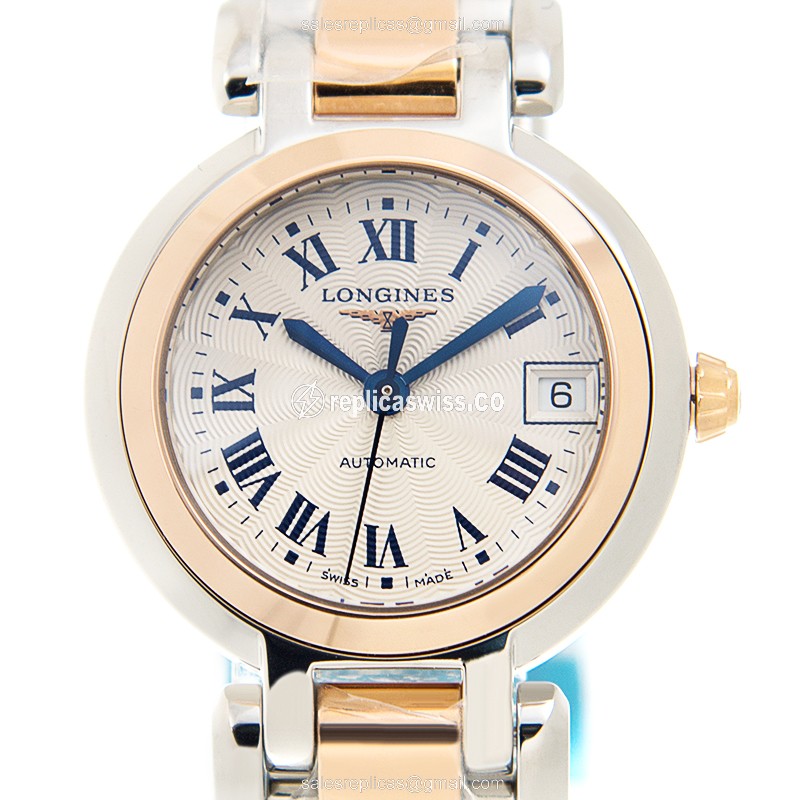 Longines Prima Luna Replica - Automatic - 18kt Rose Gold Case - Silver Dial - Steel Strap