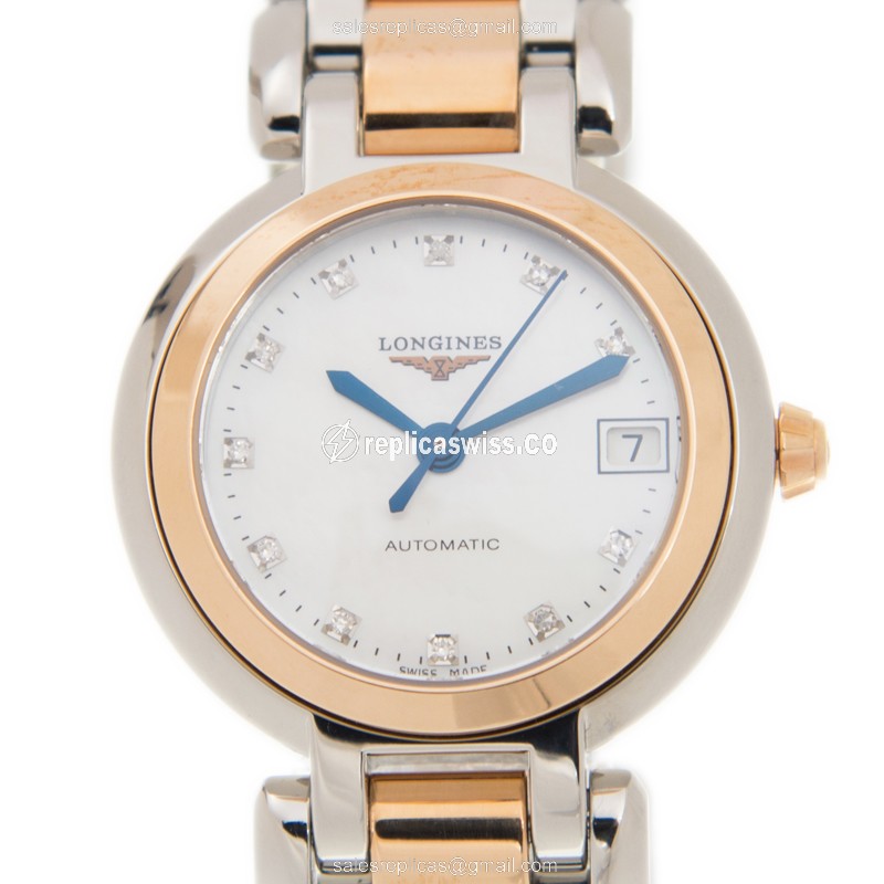 Longines Prima Luna Replica - Automatic - White Dial, 18kt Rose & Steel Case, Silver Clasp - Luxury Replica PRIMA LUNA Watch