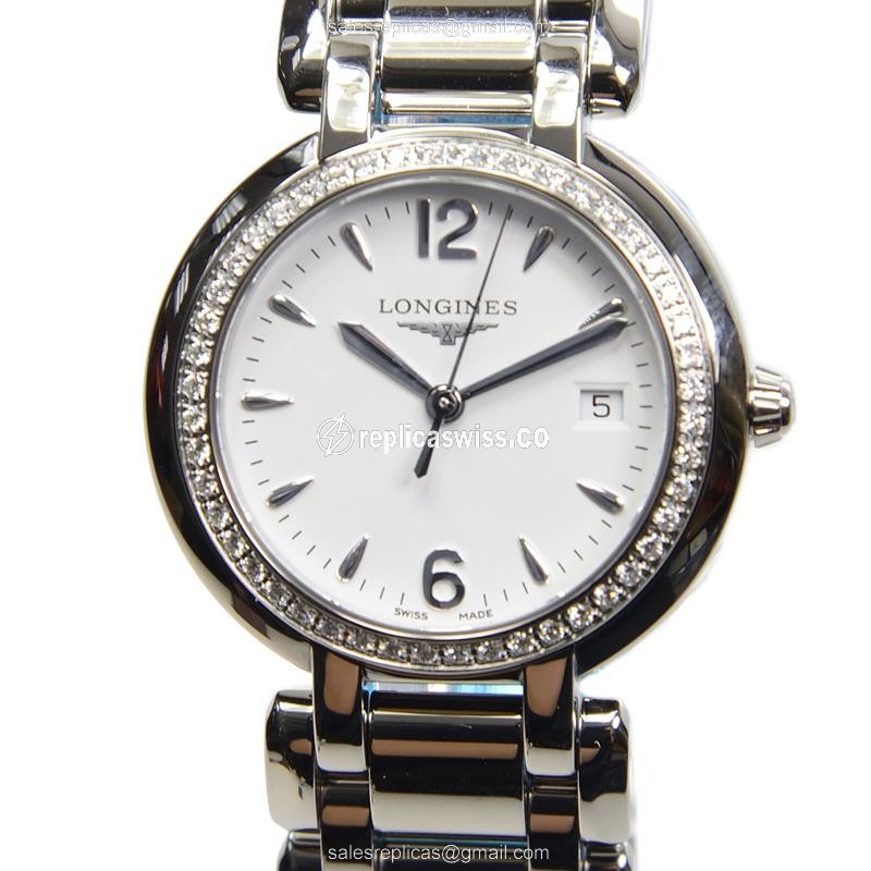 Longines Prima Luna Replica - Quartz - Stainless Steel Case, White Dial, Silver Clasp, Steel Strap
