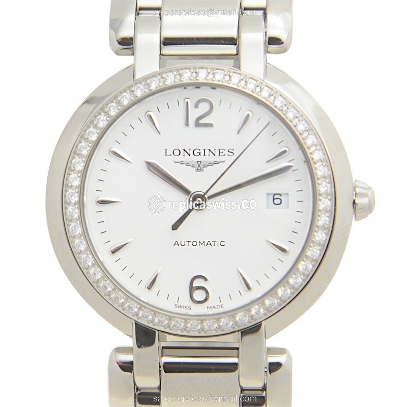 Longines Prima Luna Replica - Automatic - Stainless Steel & Diamond - White Dial