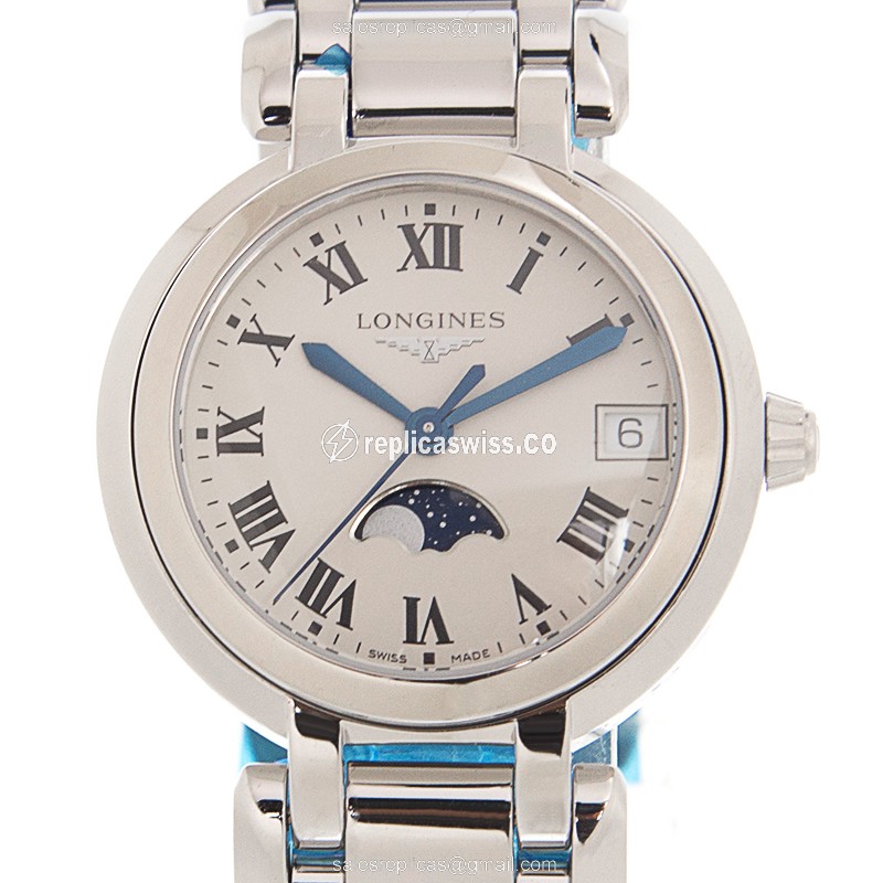 Longines Prima Luna Quartz - Steel Case - White Dial - Silver Strap - Clasp - Luxury Longines Replica Watch