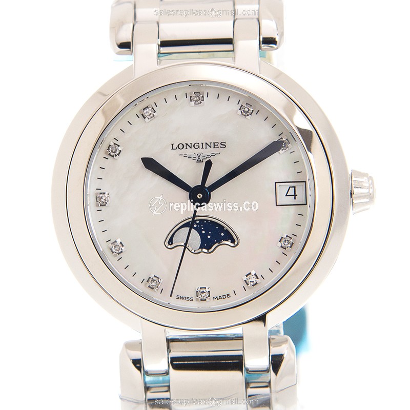 Longines Prima Luna Replica - Quartz - Stainless Steel Case - White Dial, Silver Clasp - Luxury  Watch