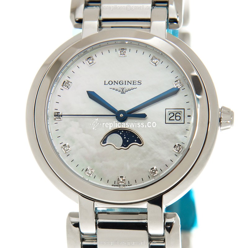 Longines Prima Luna Replica - Quartz - Stainless Steel Case - White Dial, Silver Clasp - Luxury  Watch