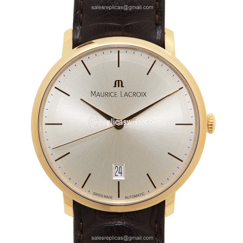 Maurice Lacroix LC6007-PG101-130 Replica - Automatic - 18kt Rose Gold - Silver Dial - Brown Alligator Strap - Luxury Replica LES CLASSIQUES Watch
