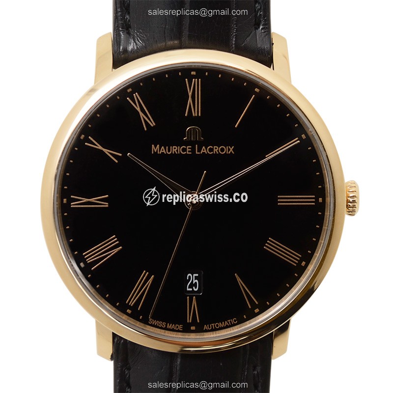 Maurice Lacroix LC6007-PG101-310 Replica - Automatic - 18kt Rose Gold - Black Dial - Brown Alligator Strap - Luxury Replica LES CLASSIQUES Watch