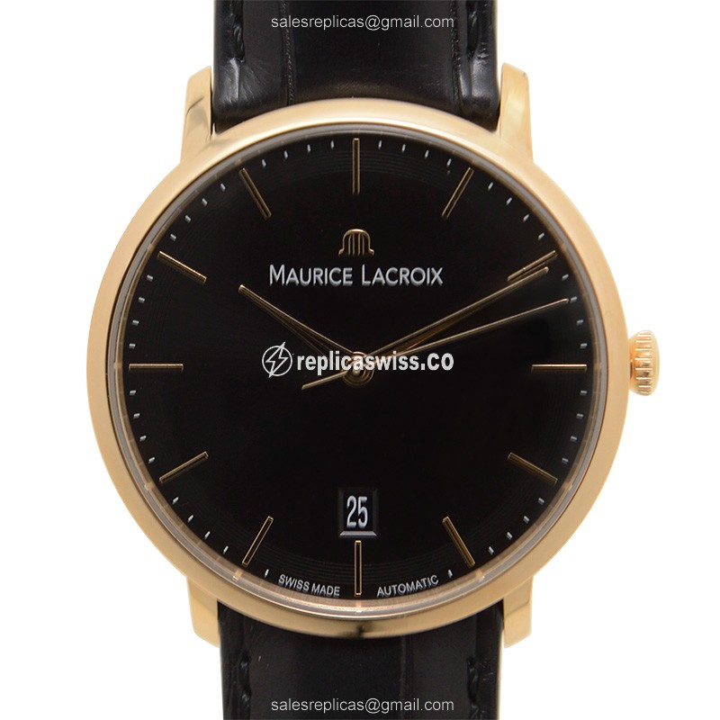 Maurice Lacroix LC6007-PG101-330 Replica - Automatic - 18kt Rose Gold - Black Dial - Alligator Black Strap - Luxury Replica LES CLASSIQUES Watch