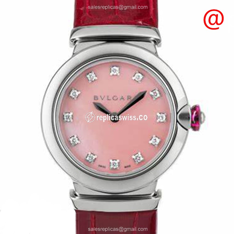 Bulgari LVCEA Quartz Replica - Pink Dial - Steel Case - Red Leather Strap - Buckle Clasp