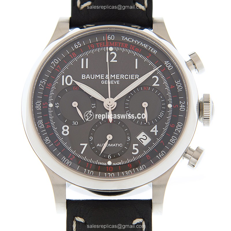 Baume & Mercier M0A10003 CapeLand Automatic - Steel Case - Dark Grey - Leather Black Strap - Luxury Replica CAPELAND Watch