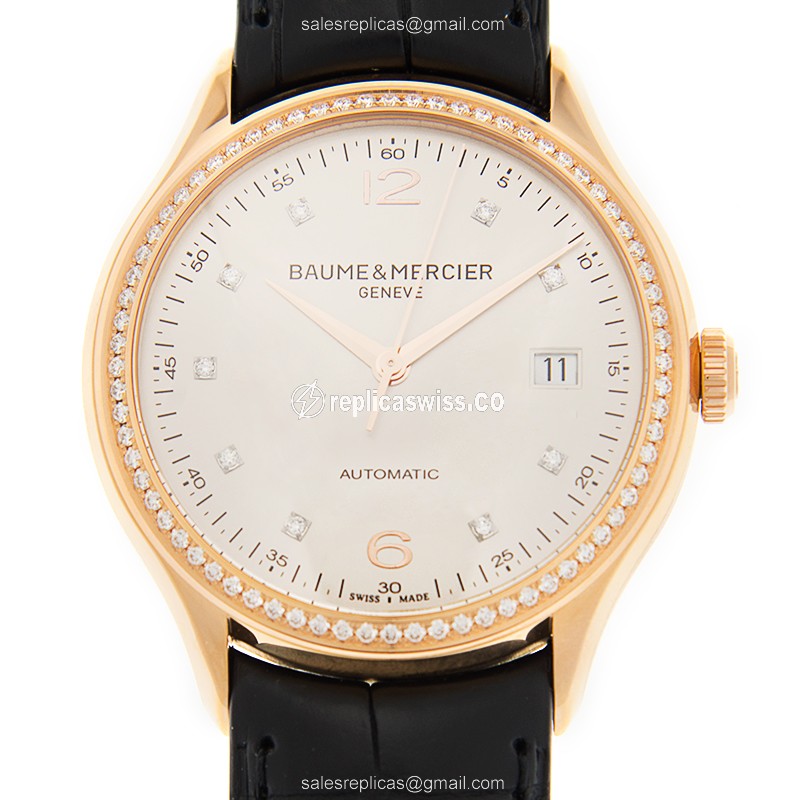 Baume & Mercier M0A10194 CLIFTON - Automatic - 18kt Rose Gold - Diamond Dial - White - Black Alligator Buckle - Luxury Replica CLIFTON Watch