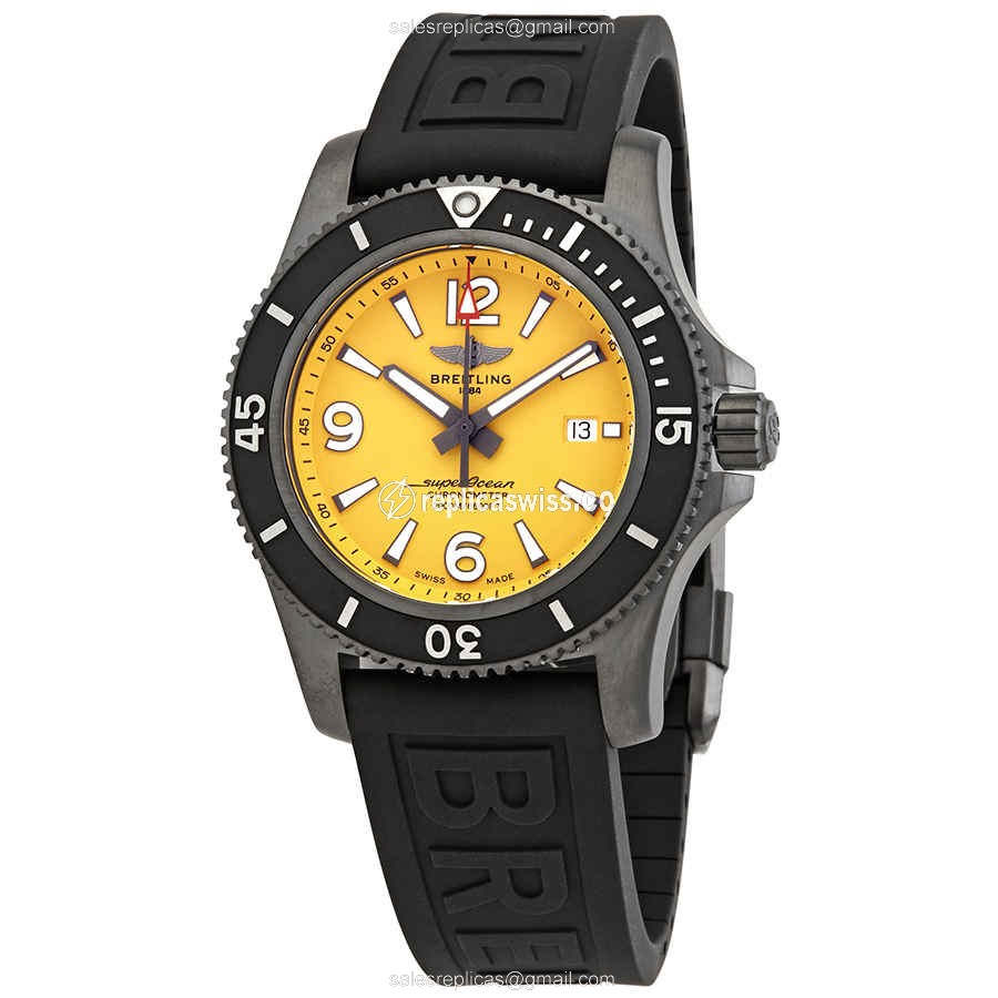 Breitling Superocean Replica - Automatic - Yellow Dial - Steel Case - Black Rubber Strap - Luxury Replica SUPEROCEAN Watch
