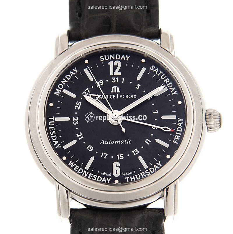 Maurice Lacroix MP6328-SS001-39E Replica - Automatic - Steel Case - Black Dial - Black Alligator Strap - Luxury Replica MASTERPIECE Watch