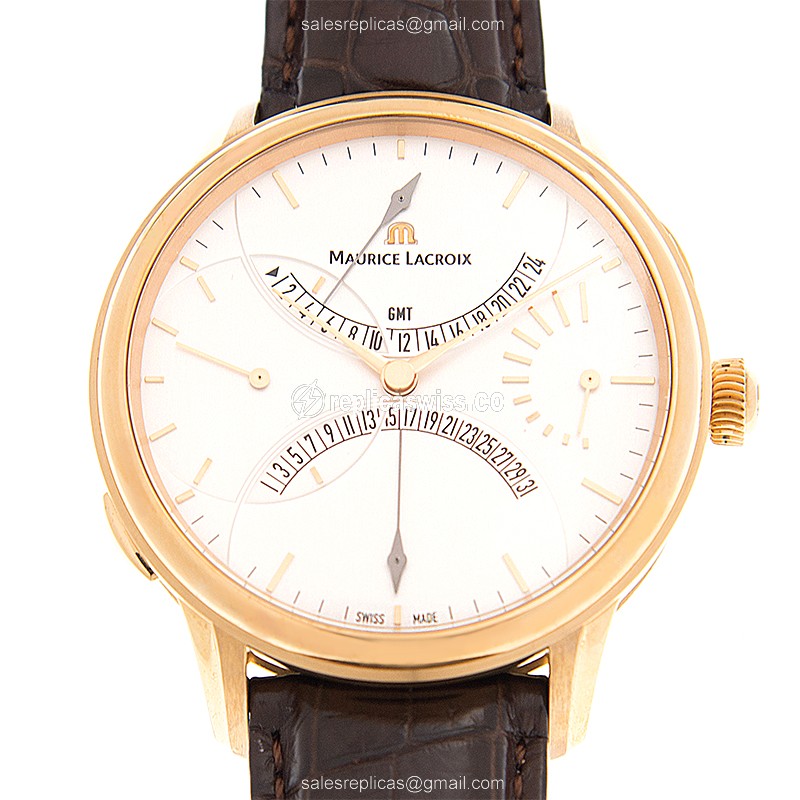 Maurice Lacroix MP7218-PG101-130 Manual Wind - 18kt Rose Gold Case - White Dial - Brown Alligator Strap - Luxury Replica MASTERPIECE Watch