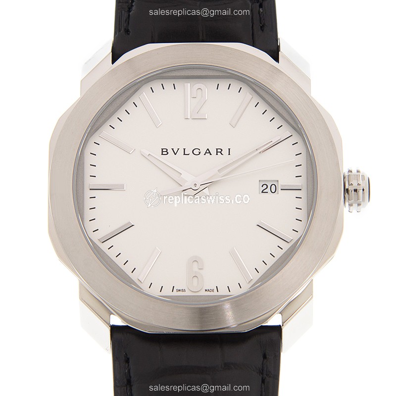 Bulgari OC41C6SLD Replica - Automatic - Stainless Steel - White Dial - Black Alligator Strap