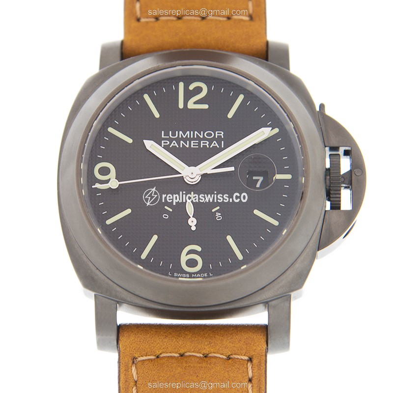 Panerai PAM00028 LUMINOR Replica - Automatic - PVD Titanium - Black Dial - Brown Leather Strap